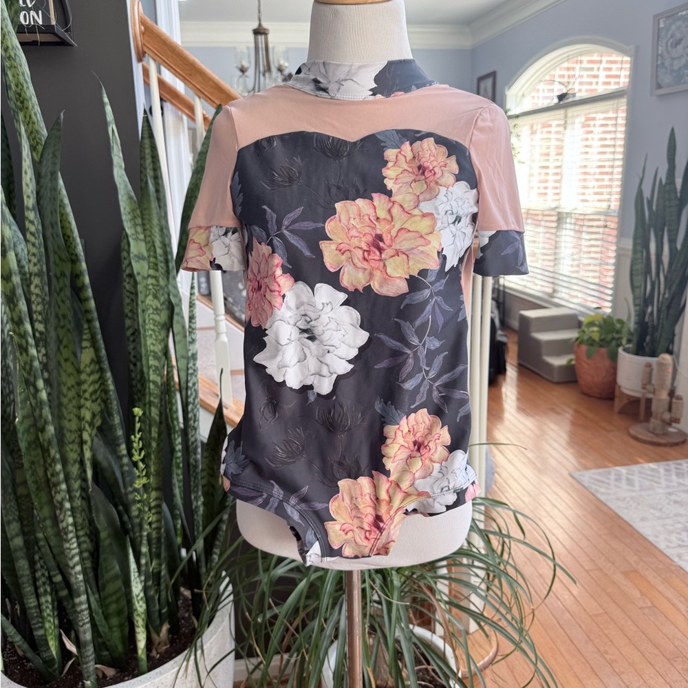 Floral Kids leotard - grey and coral